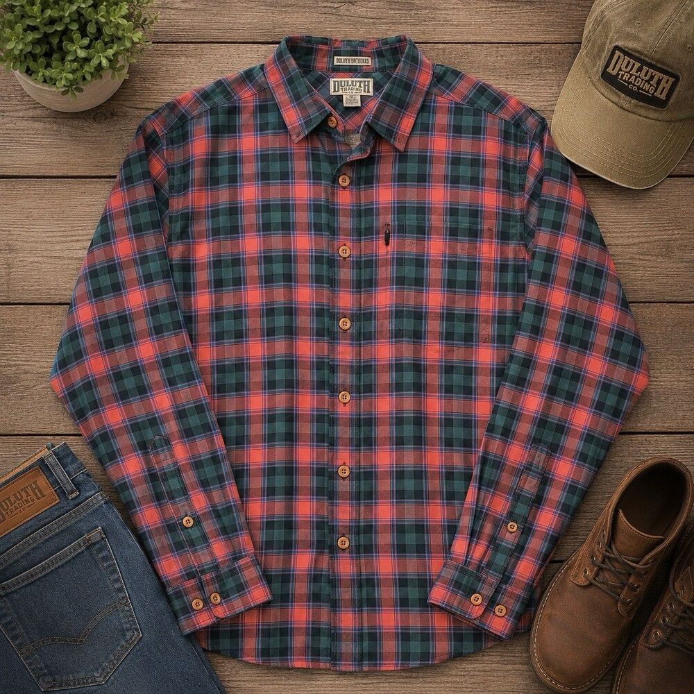 Duluth Trading Co Untucked Men’s Large Plaid Long Sleeve Relaxed Fit Button Up